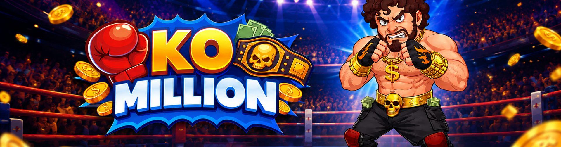 Bannière du jeu KO Million d'InOut Games : boxeur en garde sur un ring d'arène sous une pluie de pièces d'or