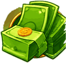 Liasses de billets verts et pièce d'or du jeu KO Million